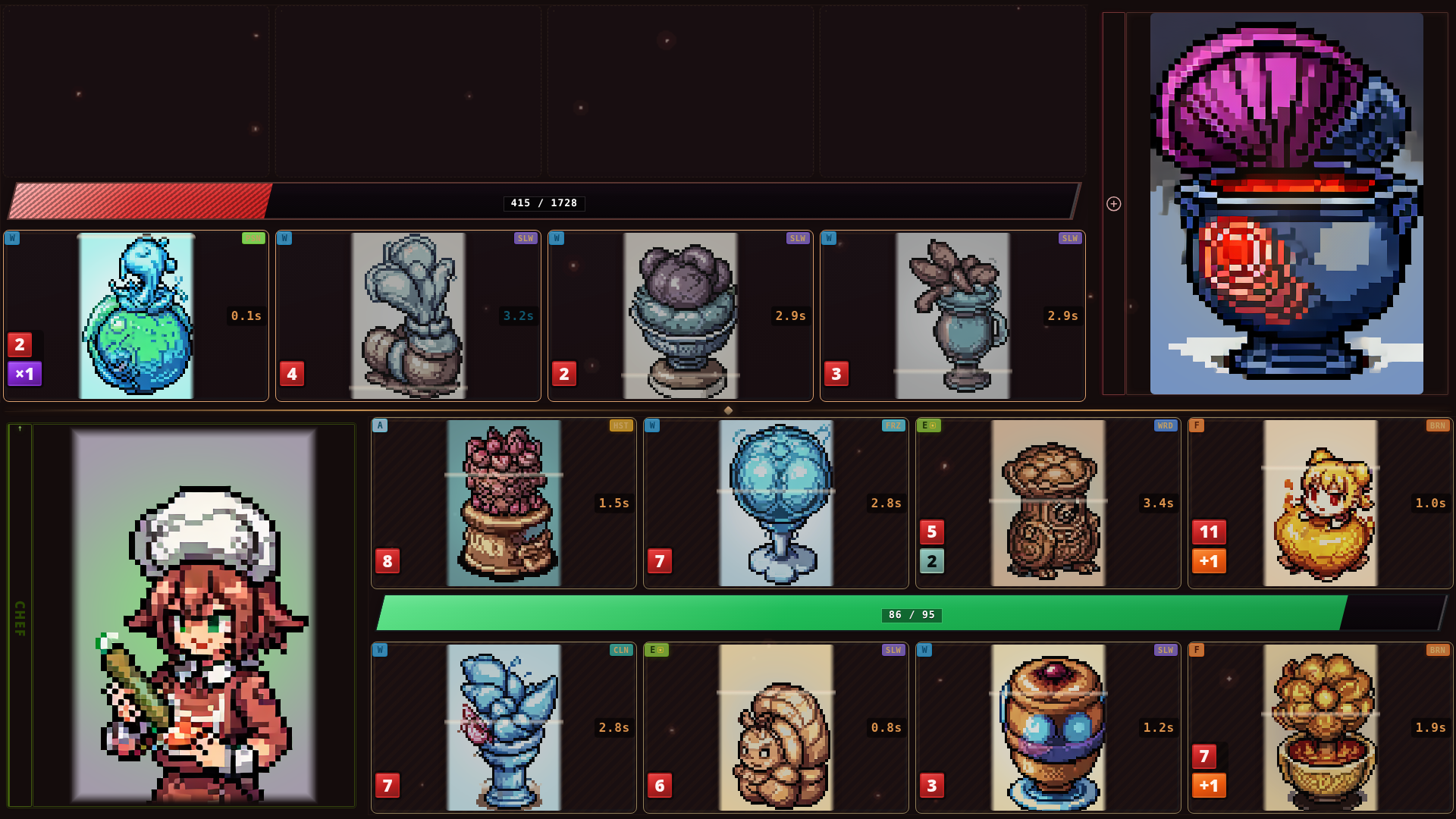 A fight in progress on the battle grid: snacks firing on cooldowns, boss HP bar ticking down