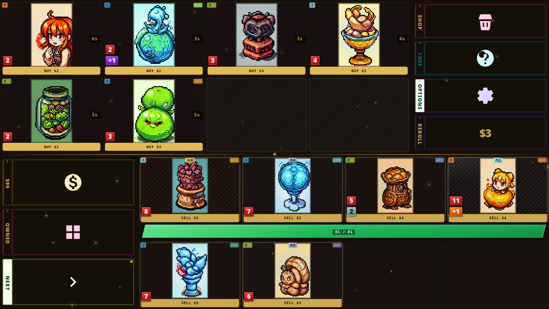 The shop between fights: food offers with prices, sell row, reroll button